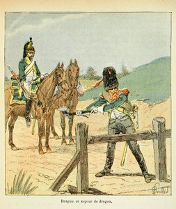エマニュエル・ド・ラス・ケース伯爵（1766-1842）の著書『聖ヘレネの記念』からボンブル・ルイ（1862-1927）が描いたイラスト。フランス軍：ドラゴンとドラゴンサッパー、個人蔵 作： Louis Charles Bombled