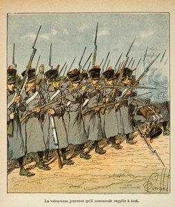 エマニュエル・ド・ラス・ケース伯爵（1766-1842）の著書『聖ヘレネの記念』からボンブル・ルイ（1862-1927）が描いたイラスト。1813年のルツェンの戦いにおけるフランス軍、個人蔵 作： Louis Charles Bombled