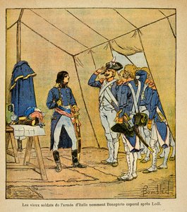 エマニュエル・ド・ラス・ケース伯爵（1766-1842）の著書「聖ヘレネの記念碑」からボンブル・ルイ（1862-1927）が描いたイラスト。1796年のロディの戦いの後、ボナパルトを伍長に任命したイタリア軍の老兵たち、個人蔵 作： Louis Charles Bombled