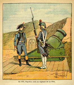 エマニュエル・ド・ラス・ケース伯爵（1766-1842）の著書『サン・ヘレネの記念』からボンブル・ルイ（1862-1927）が描いたイラスト。1787年、ナポレオン・ボナパルトはラ・フェール連隊に少尉として入隊した、プライベート・コレクション 作： Louis Charles Bombled