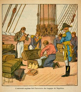 エマニュエル・デ・ラスカセス伯爵（1766-1842）の著書『サン・ヘレネの記念』からボンブル・ルイ（1862-1927）が描いたイラスト。1815年にサン・ヘレネに向けて出発する前に、イギリス人アドミラルートが皇帝ナポレオンの荷物の目録を作成している、Priva 作： Louis Charles Bombled