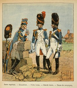 エマニュエル・デ・ラスカセス伯爵（1766-1842）の著書「聖ヘレネの記念碑」からボンブル・ルイ（1862-1927）が描いたイラスト。帝国軍の擲弾兵。小柄な服、大柄な服、田舎の服、個人蔵