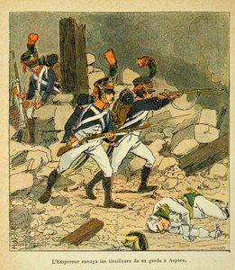 エマニュエル・デ・ラスカセス伯爵（1766-1842）の著書「聖ヘレネの記念碑」からボンブル・ルイ（1862-1927）が描いたイラスト。皇帝ナポレオンは、エスリングの戦いの際にアスペルンに衛兵を送った 作： Louis Charles Bombled