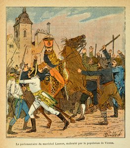 エマニュエル・ド・ラス・カース伯爵（1766-1842）の著書『聖ヘレネの記念』からボンブル・ルイ（1862-1927）が描いたイラスト。ウィーンの住民から虐待を受けたマレシャル・ランヌの議会議員、個人蔵 作： Louis Charles Bombled