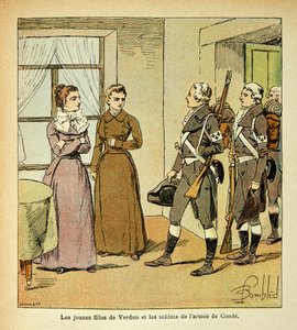 エマニュエル・ド・ラス・ケース伯爵（1766-1842）の著書『聖ヘレネの記念』からボンブル・ルイ（1862-1927）が描いたイラスト。ヴェルダンの若い娘たちとコンデ軍（移民軍）の兵士たち、個人蔵 作： Louis Charles Bombled