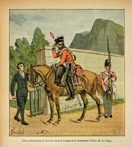 エマニュエル・ド・ラス・ケース伯爵（1766-1842）の著書『聖ヘレネの記念』からボンブル・ルイ（1862-1927）が描いたイラスト。馬への令状がル・サージュのアトラスを求めてロングウッドにやってくる、コレクション・パーシャル 作： Louis Charles Bombled