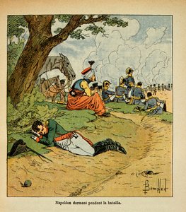 エマニュエル・ド・ラス・ケース伯爵（1766-1842）の著書『聖ヘレネの記念』からボンブル・ルイ（1862-1927）が描いたイラスト。戦闘中に眠る皇帝ナポレオン、個人蔵