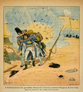 エマニュエル・ド・ラス・カース伯爵（1766-1842）の著書「サン・ヘレネの記念碑」からボンブル・ルイ（1862-1927）が描いたイラスト。サン・ジャン・ダクレの包囲において、擲弾兵のピエール・ドムスニルとスション（クロード・スション・ド・シャノン 作： Louis Charles Bombled