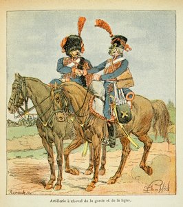 エマニュエル・デ・ラスカセス伯爵（1766-1842）の著書「聖ヘレネの記念碑」からボンブル・ルイ（1862-1927）が描いたイラスト。砲兵隊......衛兵と隊列の馬、個人蔵 作： Louis Charles Bombled