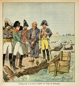 エマニュエル・ド・ラス・ケース伯爵（1766-1842）の著書『聖ヘレネの記念』からボンブル・ルイ（1862-1927）が描いたイラスト。ブーローニュのキャンプで皇帝に解放された祖国に合流しようとするイギリス人水兵、個人蔵 作： Louis Charles Bombled