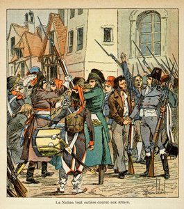 エマニュエル・ド・ラス・ケース伯爵（1766-1842）の著書『聖ヘレネの記念』からボンブル・ルイ（1862-1927）が描いたイラスト。全国民がイギリス人に対抗して武器を持って走った、個人蔵 作： Louis Charles Bombled