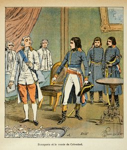 エマニュエル・デ・ラスカセス伯爵（1766-1842）の著書『聖ヘレネの記念』からボンブル・ルイ（1862-1927）が描いたイラスト。カンポ・フォルミオの取引中のボナパルトとオーストリア首相ルイ・コベンズル伯爵のインタビュー、個人蔵