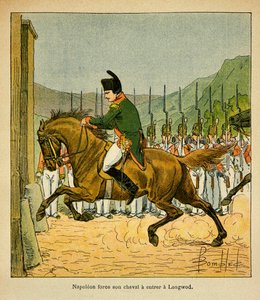 エマニュエル・ド・ラス・ケース伯爵（1766-1842）の著書「サン・ヘレネの記念碑」からボンブル・ルイ（1862-1927）が描いたイラスト。サン・ヘレネのロングウッドに馬を強引に進入させる皇帝ナポレオン、個人蔵