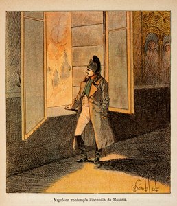 エマニュエル・ド・ラス・ケース伯爵（1766-1842）の著書『聖ヘレネの記念』からボンブル・ルイ（1862-1927）が描いたイラスト。1812年9月、モスクワの火事に思いを馳せる皇帝ナポレオン、個人蔵 作： Louis Charles Bombled