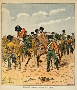 エマニュエル・デ・ラスカセス伯爵（1766-1842）の著書「聖ヘレネの記念碑」からボンブル・ルイ（1862-1927）が描いたイラスト。モスクワ前のロシア平原を難なく横断する帝国軍、個人蔵 作： Louis Charles Bombled