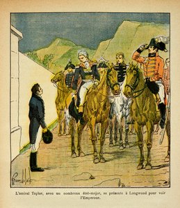 エマニュエル・ド・ラス・ケース伯爵（1766-1842）の著書『聖ヘレネの記念』からボンブル・ルイ（1862-1927）が描いたイラスト。皇帝ナポレオンに会うためにロングウッドに出頭する参謀付きテイラー提督、個人蔵 作： Louis Charles Bombled