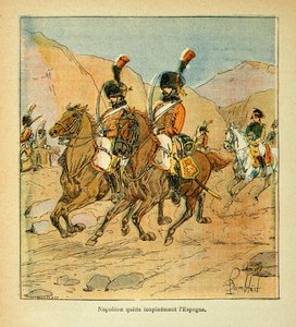 エマニュエル・デ・ラスカセス伯爵（1766-1842）の著書「聖ヘレネの記念碑」からボンブル・ルイ（1862-1927）が描いたイラスト。皇帝ナポレオン、緊急にスペインを離れる 作： Louis Charles Bombled