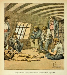 エマニュエル・ド・ラス・ケース伯爵（1766-1842）の著書「The memorial se Sainte Helene」からボンブル・ルイ（1862-1927）が描いたイラスト。イギリスのポンツーンにいるフランス人捕虜、個人蔵 作： Louis Charles Bombled