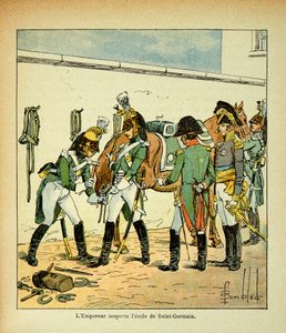 エマニュエル・ド・ラス・カース伯爵（1766-1842）の著書「サント・ヘレネの記念碑」からボンブル・ルイ（1862-1927）が描いたイラスト。サン・ジェルマンの学校を視察する皇帝ナポレオン、個人蔵 作： Louis Charles Bombled