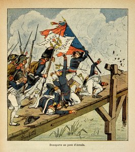 ボンブル・ルイ（1862-1927）が、エマニュエル・ド・ラス・カース伯爵（1766-1842）の著書『サント・ヘレネの記念碑』から描いたもの。アルコレ橋でのボナパルト、個人蔵 作： Louis Charles Bombled