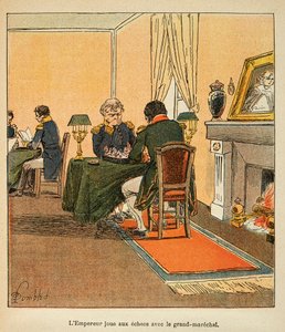 エマニュエル・ド・ラス・ケース伯爵（1766-1842）の著書「サン・ヘレネの記念碑」に掲載されたボンブル・ルイ（1862-1927）のイラスト。1816年8月、サン・ヘレネでチェスをするナポレオンと大マレシャル・アンリ・ガティアン・ベルトラン（1773-1844）、プライベート・コレクション 作： Louis Charles Bombled