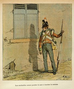 エマニュエル・ド・ラス・ケース伯爵（1766-1842）の著書「サン・ヘレネの記念碑」に掲載されたボンブル・ルイ（1862-1927）のイラスト。サン・ヘレネの皇帝の家の近くに配置されたイギリスの歩哨、個人蔵 作： Louis Charles Bombled