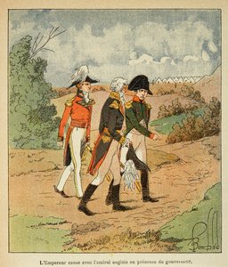 エマニュエル・ド・ラス・ケース伯爵（1766-1842）の著書「サン・ヘレネの記念」に掲載されたボンブル・ルイ（1862-1927）のイラスト。1816年8月、ナポレオン、ハドソン・モウ総督、イギリスのコックバーン提督の間で交わされた、サン・ヘレネでの会話、プライベート・コー 作： Louis Charles Bombled