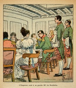 エマニュエル・デ・ラスカセス伯爵(1766-1842)の著書「サン・ヘレネの記念」に掲載されたボンブル・ルイ(1862-1927)のイラスト。サン・ヘレネに向かうノーサンバーランド号での皇帝ナポレオンの晩餐会、左手にはデ・モンソロン夫人、二等兵 作： Louis Charles Bombled