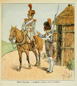 エマニュエル・デ・ラスカセス伯爵（1766-1842）の著書『聖ヘレネの記念』に掲載されたボンブル・ルイ（1862-1927）のイラスト。帝国軍の親衛隊。徒歩の砲兵隊と砲兵隊列車、個人蔵 作： Louis Charles Bombled