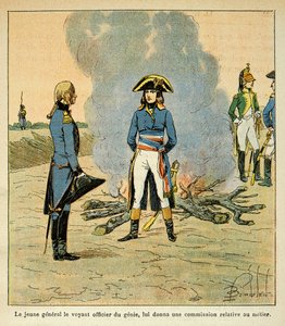 エマニュエル・デ・ラスカセス伯爵（1766-1842）の著書「聖ヘレネの記念」に掲載されたボナパルト・ルイ（1862-1927）のイラスト：ボナパルトと当時イタリア軍の精鋭将校であったアンリ・ガティアン・ベルトラン（1773-1844）との最初の出会い。
