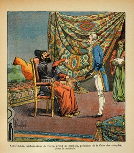 エマニュエル・ド・ラス・ケース伯爵（1766-1842）の著書「サン・ヘレネの記念碑」に掲載されたボンブル・ルイ（1862-1927）のイラスト。パリを訪れたペルシャ大使アスカー・カーンは、大統領であるフランソワ・バルベ＝マルボワ（Barbe Marbois）（1745-1837）を連れて行く。 作： Louis Charles Bombled