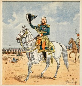 エマニュエル・ド・ラス・ケース伯爵（1766-1842）の著書「聖ヘレネの記念」に掲載されたボンブル・ルイ（1862-1927）のイラスト。イストリア公爵ジャン・バティスト・ベシエール（1768-1813）の騎馬像、個人蔵 作： Louis Charles Bombled