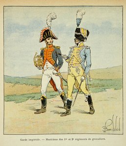 エマニュエル・デ・ラスカセス伯爵（1766-1842）の著書「聖ヘレネの記念」に掲載されたボンブル・ルイ（1862-1927）のイラスト。帝国軍。グレナディエ第1連隊および第2連隊の音楽隊、個人蔵