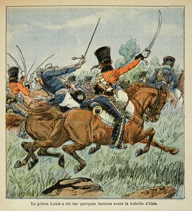 エマニュエル・デ・ラスカセス伯爵（1766-1842）の著書「聖ヘレネの記念」に掲載されたボンブル・ルイ（1862-1927）のイラスト。10月10日のザールフェルトの戦いにおけるプロイセン皇太子ルイ・フェルディナンド（1772-1806）の死 作： Louis Charles Bombled
