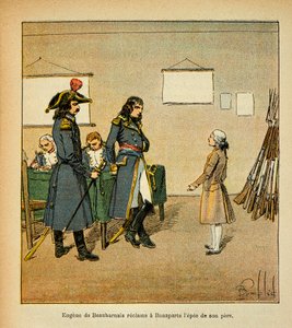 エマニュエル・ド・ラス・ケース伯爵（1766-1842）の著書「聖ヘレネの記念碑」からのボンバルド・ルイ（1862-1927）のイラスト。ボナパルトの父の剣を要求するウジェーヌ・ド・ボーアルネ（1781-1824）、プライベート・コレクション 作： Louis Charles Bombled