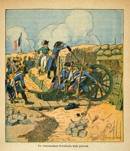 エマニュエル・ド・ラス・ケース伯爵（1766-1842）の著書「サン・ヘレネの記念」に掲載されたボンブル・ルイ（1862-1927）のイラスト。1793年、トゥーロンの席でのナポレオン・ボナパルト、プライベート・コレクション 作： Louis Charles Bombled