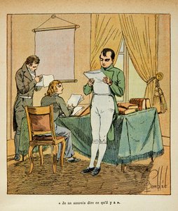 エマニュエル・ド・ラス・ケース伯爵（1766-1842）の著書「サン・ヘレネの記念」に掲載されているボンブル・ルイ（1862-1927）のイラスト：ナポレオンがサン・ヘレネで英字新聞を読んでいる様子、個人蔵