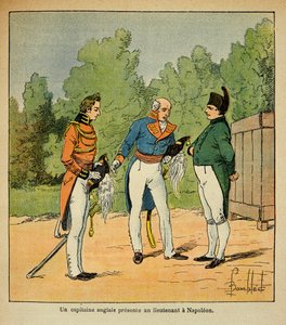 エマニュエル・ド・ラス・ケース伯爵（1766-1842）の著書『聖ヘレネの記念』に掲載されたボンブル・ルイ（1862-1927）のイラスト。セント・ヘレネに向けて、イギリス人の隊長がナポレオン皇帝に中尉を贈るシーン、個人蔵 作： Louis Charles Bombled