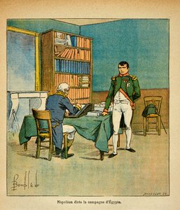 エマニュエル・ド・ラス・ケース伯爵（1766-1842）の著書『聖ヘレネの記念』からのボンブル・ルイ（1862-1927）のイラスト。亡命中の皇帝ナポレオンは、エジプトのクーデターで大魔術師アンリ・ガティアン・ベルトラン（1773-1844）に記念品を口述している 作： Louis Charles Bombled