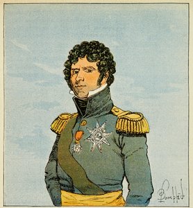エマニュエル・デ・ラスカセス伯爵（1766-1842）の著書「聖ヘレネの記念」に掲載されたボンブル・ルイ（1862-1927）のイラスト。ベル・レッグ軍曹として知られる牧童ジャン・バティスト・ベルナドット（1763-1844）の肖像、ポンテ・コルヴォの王子、スーの王 作： Louis Charles Bombled