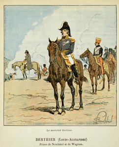 エマニュエル・ド・ラス・ケース伯爵（1766-1842）の著書『聖ヘレネの記念』に掲載されたボンブル・ルイ（1862-1927）のイラスト。ヌーシャテルとワグラムの王子である牧童ルイ・アレクサンドル・ベルティエ（1753-1815）の騎馬像、個人蔵 作： Louis Charles Bombled