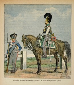 エマニュエル・デ・ラスカセス伯爵（1766-1842）の著書「サン・ヘレネの記念碑」に掲載されたボンブル・ルイ（1862-1927）のイラスト。プロイセンラインの歩兵（42、エメ連隊）とプロイセンの戦艦 作： Louis Charles Bombled