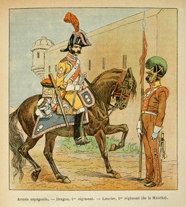 エマニュエル・ド・ラス・ケース伯爵（1766-1842）の著書「サン・ヘレネの記念碑」に掲載されたボンブル・ルイ（1862-1927）のイラスト。スペイン軍：チャネル第1連隊のドラゴンとランシエ、個人蔵 作： Louis Charles Bombled