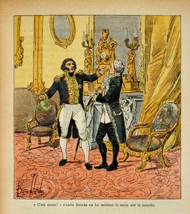 エマニュエル・ド・ラス・ケース伯爵（1766-1842）の著書「サン・ヘレネの記念」に掲載されたボンブル・ルイ（1862-1927）のイラスト。ドニ・ドゥクレス（1761-1820）と向き合うタレーラン（1754-1838） 個人蔵 作： Louis Charles Bombled