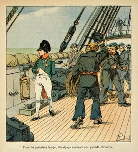 エマニュエル・ド・ラス・ケース伯爵（1766-1842）の著書『サン・ヘレネの記念』に掲載されたボンブル・ルイ（1862-1927）のイラスト。ノーサンバーランド号でサン・ヘレネに向かうナポレオンが乗組員の同情を引く、個人蔵