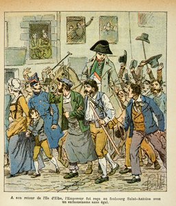 エマニュエル・ド・ラス・ケース伯爵（1766-1842）の著書『サン・ヘレネの記念』に掲載されたボンブル・ルイ（1862-1927）のイラスト。エルバ島から帰国した皇帝は、サン・アントワーヌ地区で無類の熱狂をもって迎えられたが、その中には、特別なコレクションがあった。 作： Louis Charles Bombled