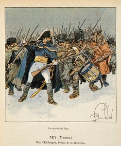エマニュエル・デ・ラスカセス伯爵（1766-1842）の著書「聖ヘレネの記念」に掲載されたボンブル・ルイ（1862-1927）のイラスト。ロシア撤退中のエルチンゲン公爵、モスコヴァ公爵、ミシェル・ネイ侯爵（1769-1815）の肖像、Private Collec 作： Louis Charles Bombled