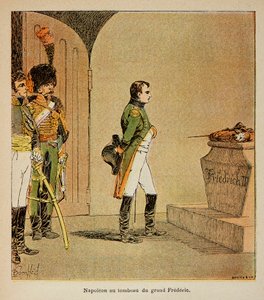 エマニュエル・ド・ラス・ケース伯爵（1766-1842）の著書「聖ヘレネの記念碑」に掲載されたボンブル・ルイ（1862-1927）のイラスト。1806年、ポツダムのガーニソン教会の地下室でプロイセンのフレデリック2世の棺を見て瞑想するナポレオン、Private Collecti