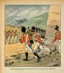 エマニュエル・デ・ラスカセス伯爵（1766-1842）の著書「サン・ヘレネの記念碑」に掲載されたボンブル・ルイ（1862-1927）のイラスト。サン・ヘレネの守備隊に挨拶する皇帝ナポレオン、プライベート・コレクション 作： Louis Charles Bombled