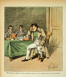 エマニュエル・ドゥ・ラス・カース伯爵（1766-1842）の著書「The memorial se Sainte Helene」に掲載されたボンブル・ルイ（1862-1927）のイラスト。記念碑の反応に目を瞑る皇帝ナポレオン、個人蔵 作： Louis Charles Bombled